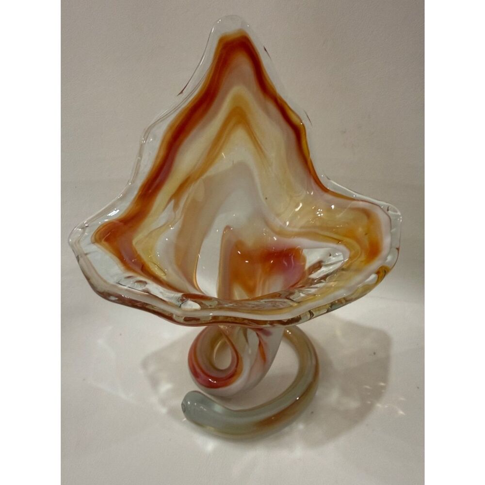 MCM Artisan Swirl Blown Glass Accent Bowl Vase Amber White Swirl 7 3/4 In Tall